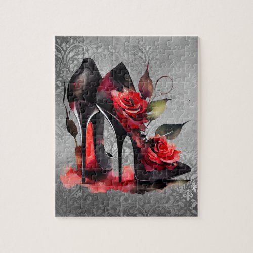 Gothic Fashionista Red Bottom Stilettos with Roses Jigsaw Puzzle