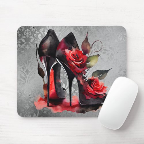 Gothic Fashionista Red Bottom Stilettos with Roses Mouse Pad