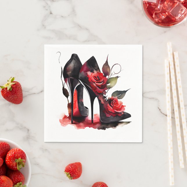 Gothic Fashionista Red Bottom Stilettos with Roses Napkins (Insitu)