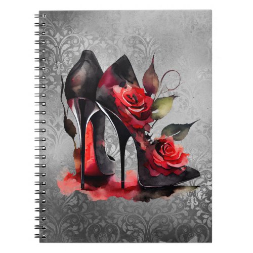 Gothic Fashionista Red Bottom Stilettos with Roses Notebook