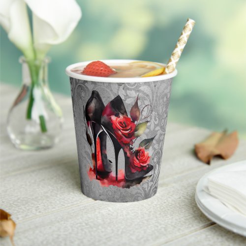 Gothic Fashionista Red Bottom Stilettos with Roses Paper Cups