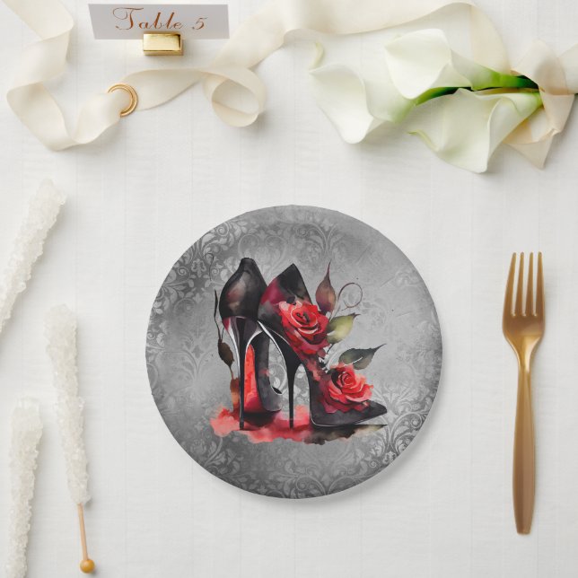 Gothic Fashionista Red Bottom Stilettos with Roses Paper Plates (Wedding)