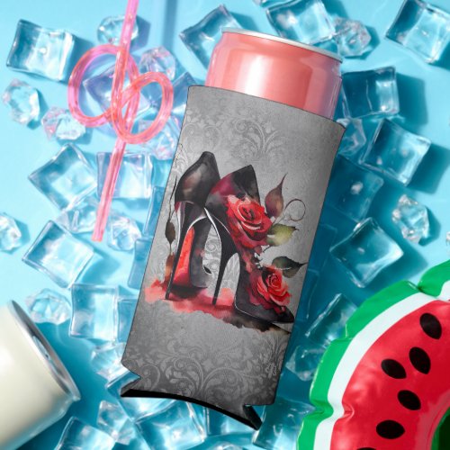 Gothic Fashionista Red Bottom Stilettos with Roses Seltzer Can Cooler