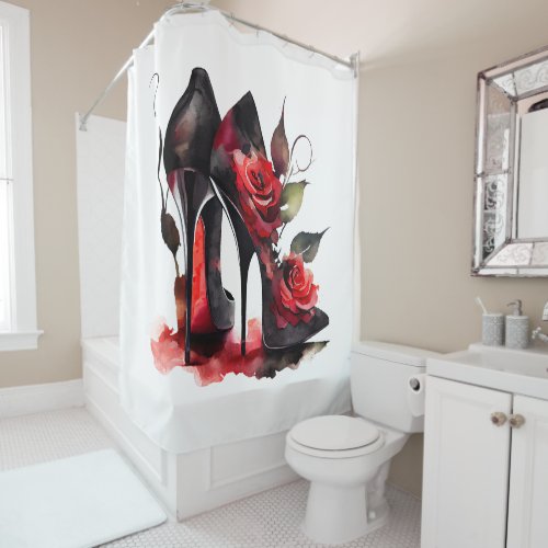 Gothic Fashionista Red Bottom Stilettos with Roses Shower Curtain