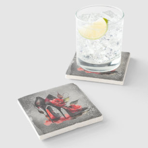 Gothic Fashionista Red Bottom Stilettos with Roses Stone Coaster