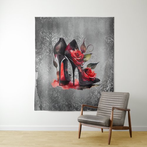 Gothic Fashionista Red Bottom Stilettos with Roses Tapestry