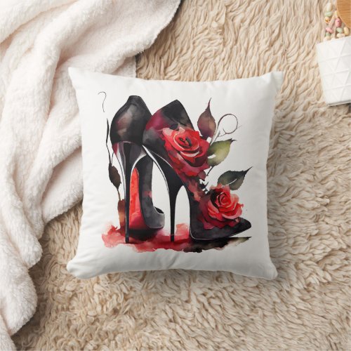 Gothic Fashionista Red Bottom Stilettos with Roses Throw Pillow