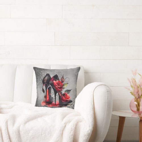 Gothic Fashionista Red Bottom Stilettos with Roses Throw Pillow