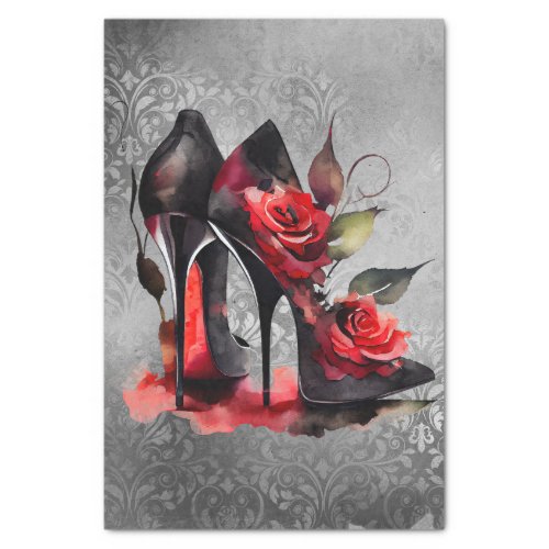 Gothic Fashionista Red Bottom Stilettos with Roses Tissue Paper