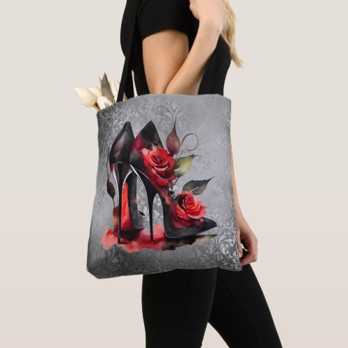 Gothic Fashionista Red Bottom Stilettos with Roses Tote Bag