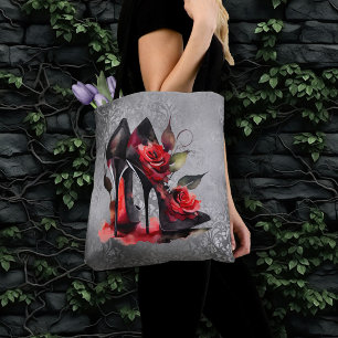 Gothic Fashionista Red Bottom Stilettos with Roses Tote Bag