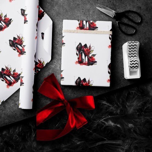 Gothic Fashionista Red Bottom Stilettos with Roses Wrapping Paper