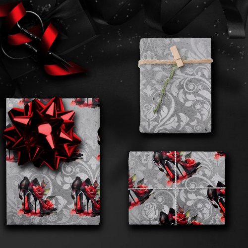 Gothic Fashionista Red Bottom Stilettos with Roses Wrapping Paper Sheets