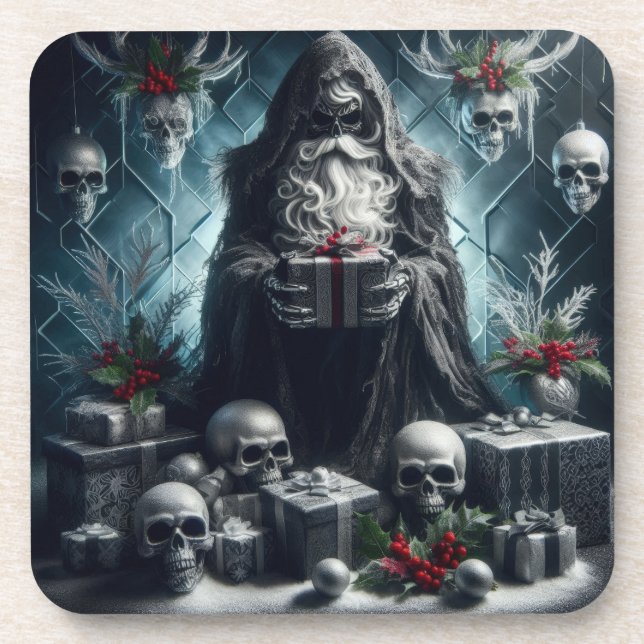 Gothic Father Time Skeleton | Dark Monotone Skulls Beverage Coaster (Front)