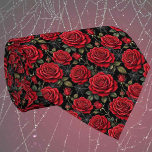 Gothic Faux Silk Roses & Spiderwebs Gentleman's Neck Tie
