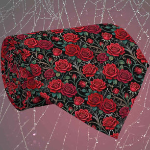 Gothic Faux Silk Roses & Spiderwebs Gentleman's Neck Tie