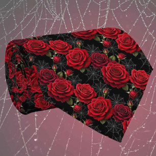 Gothic Faux Silk Roses & Spiderwebs Gentleman's Neck Tie