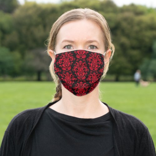 Gothic Fire Red and Black Damask Pattern Adult Cloth Face Mask