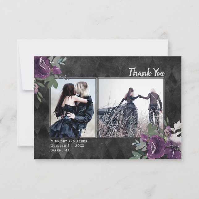Gothic Floral 2 Photo Black Wedding Thank You Card (Front)