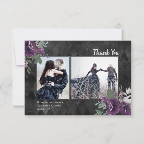 Gothic Floral 2 Photo Black Wedding Thank You Card