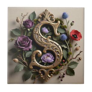 Gothic Floral Antique Gold Letter S Ceramic Tile