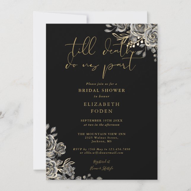 Gothic Floral Black And Gold Bridal Shower Invitation (Front)