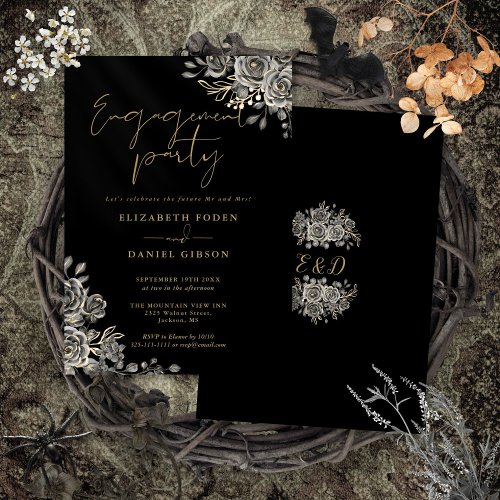 Gothic Floral Black And Gold Engagement Party Invitation