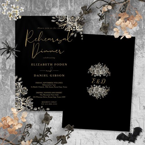 Gothic Floral Black And Gold Rehearsal Dinner Invitation