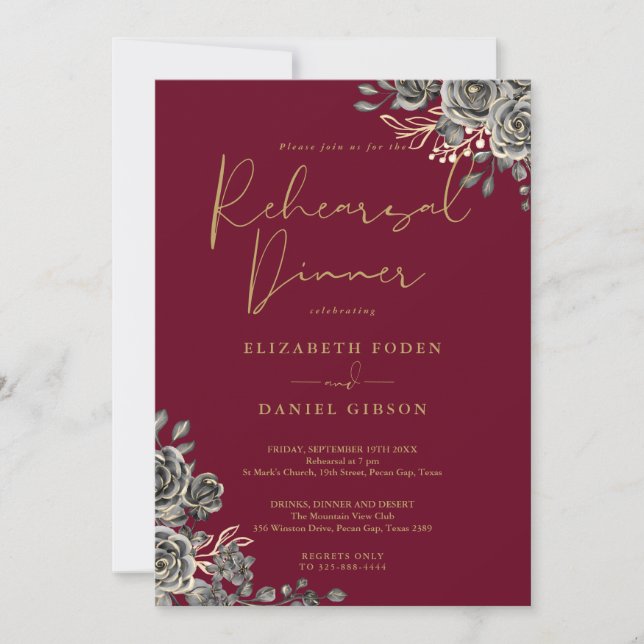 Gothic Floral Burgundy And Gold Rehearsal Dinner Invitation (Front)