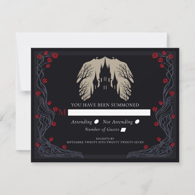 Gothic Floral Castle Wedding RSVP Card (Front)