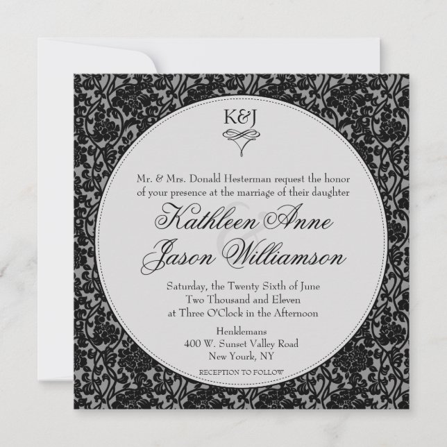 Gothic Floral Damask Monogram Wedding Invitation (Front)