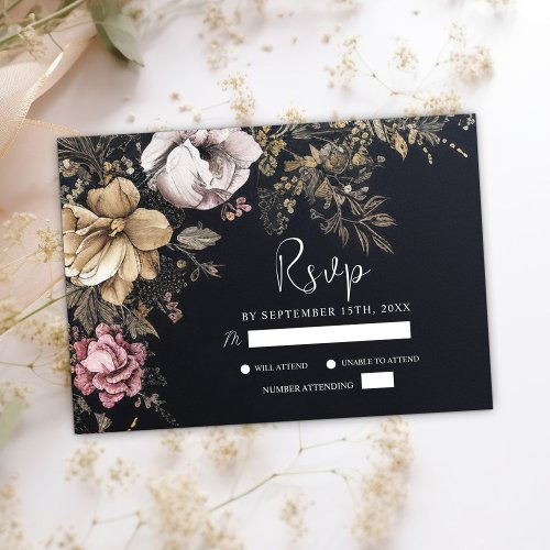 Gothic Floral Dark Unique Black Wedding RSVP Card