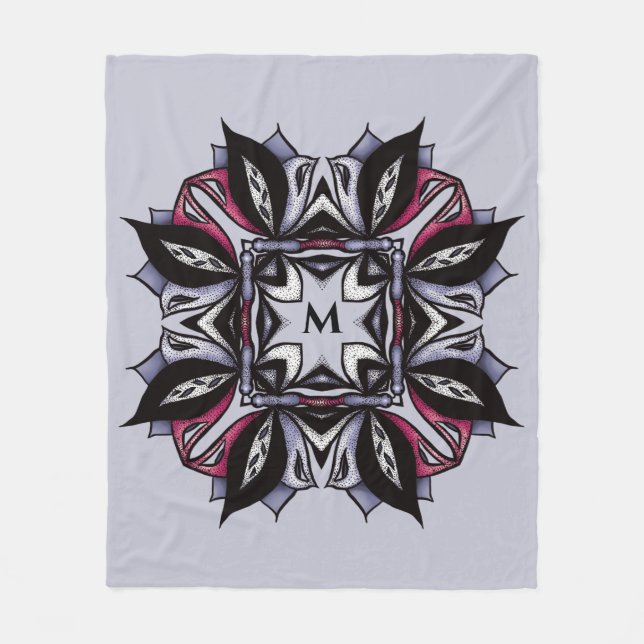 Gothic Floral Mandala Purple Pink Black Monogram Fleece Blanket (Front)