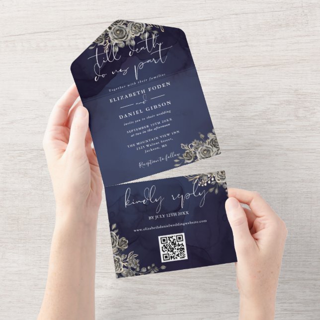 Gothic Floral Midnight Blue QR Code Wedding All In One Invitation (Tearaway)