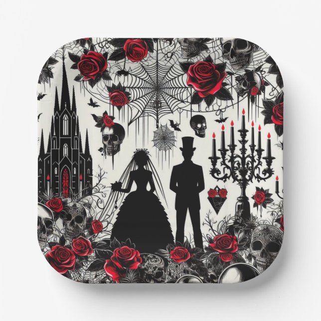 Gothic Floral Paper Square Plate, Wedding Paper Plates (Front)