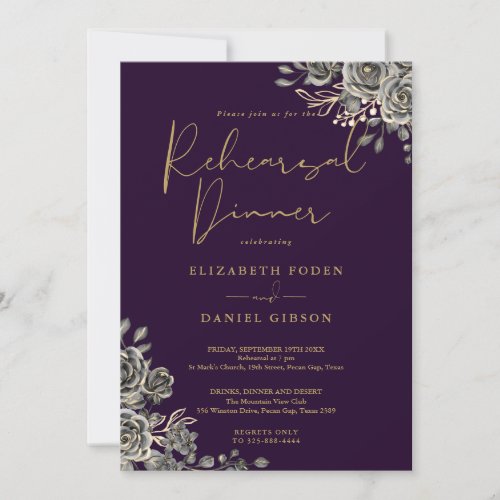 Gothic Floral Purple And Gold Rehearsal Dinner Invitation