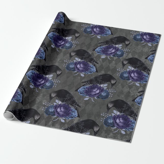 Gothic Floral Raven Halloween Pattern Wrapping Paper (Unrolled)