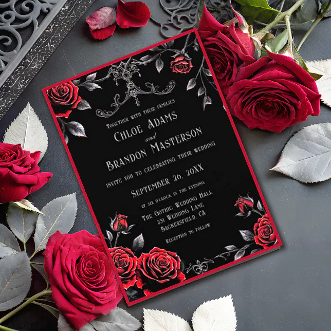 Gothic Floral Red and Black Design Wedding Invitation | Zazzle
