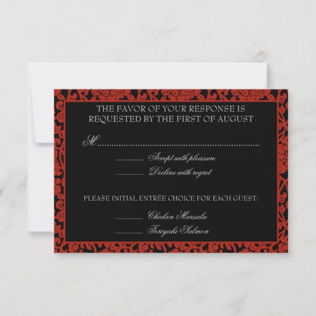Gothic Floral Red & Black Damask RSVP Monogram (Front)