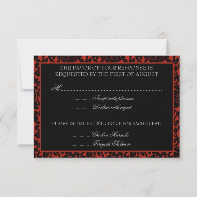 Gothic Floral Red & Black Damask RSVP Monogram Card (Front)