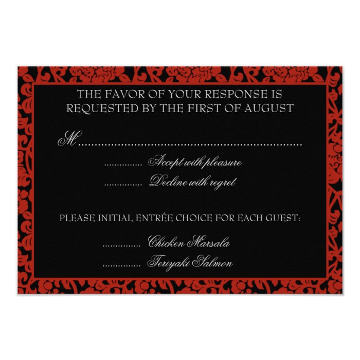 Gothic Floral Red & Black Damask RSVP Monogram Custom Invite