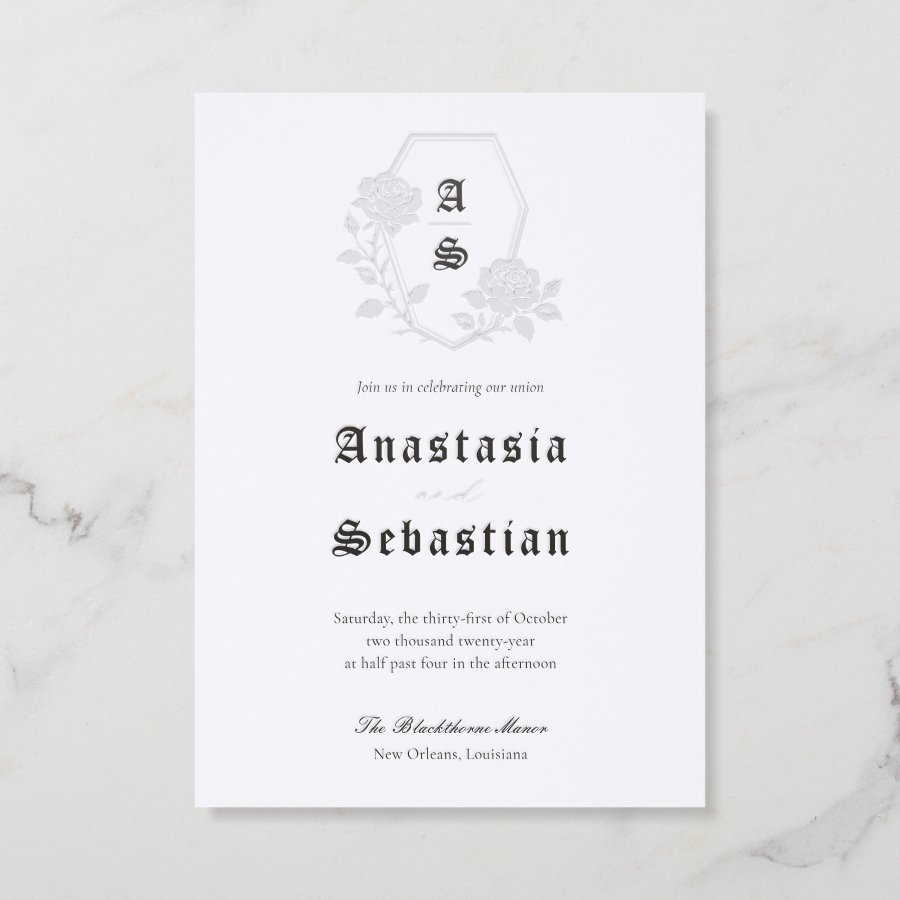 Gothic Floral Rose Coffin Monogram Crest Wedding Letterpress Invitation