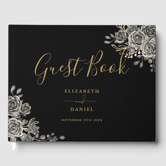 Gothic Floral Roses Black And Gold Photo Wedding Guest Book (Front)