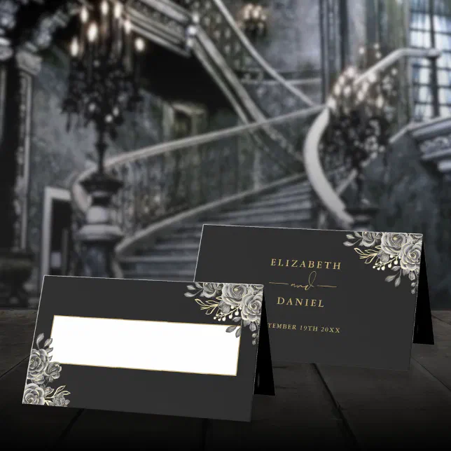 Gothic Floral Roses Black And Gold Wedding Folded Place Card | Zazzle