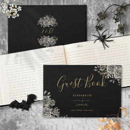 Gothic Floral Roses Black And Gold Wedding Guest Book