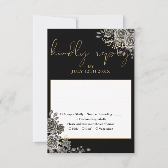 Gothic Floral Roses Black And Gold Wedding RSVP Card (Front)