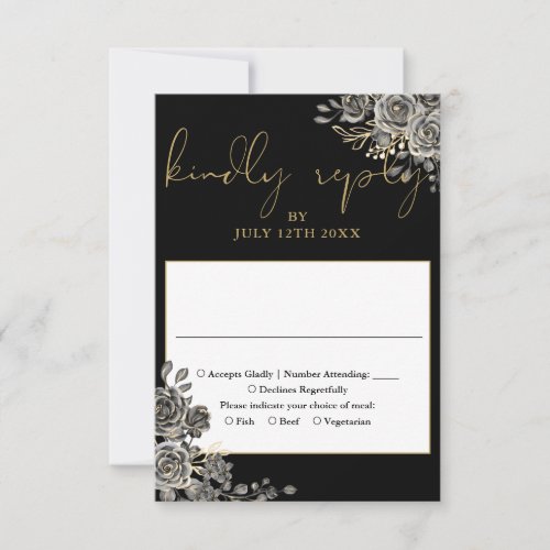 Gothic Floral Roses Black And Gold Wedding RSVP Card