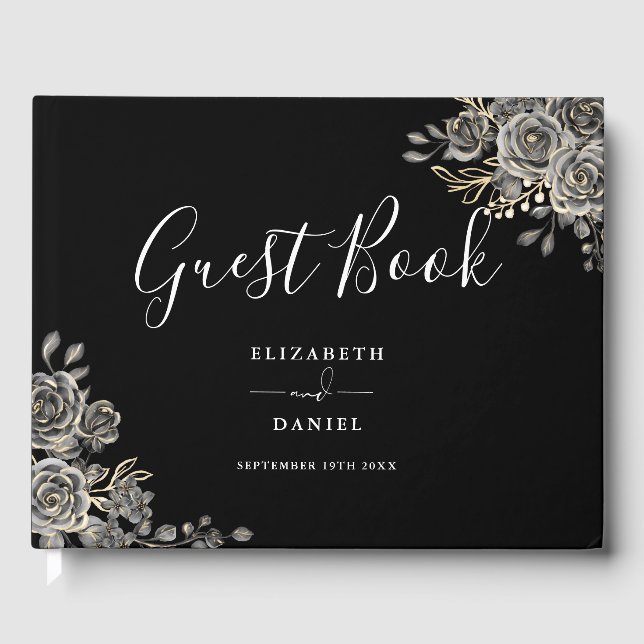 Gothic Floral Roses Black And White Photo Wedding Guest Book (Front)