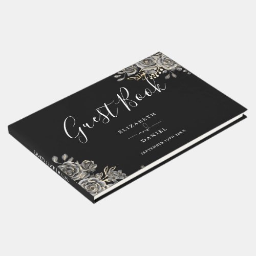 Gothic Floral Roses Black And White Wedding Guest Book