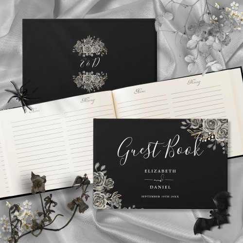 Gothic Floral Roses Black And White Wedding Guest Book